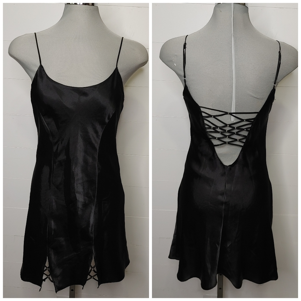 BLACK satin rhinestone chemise size S